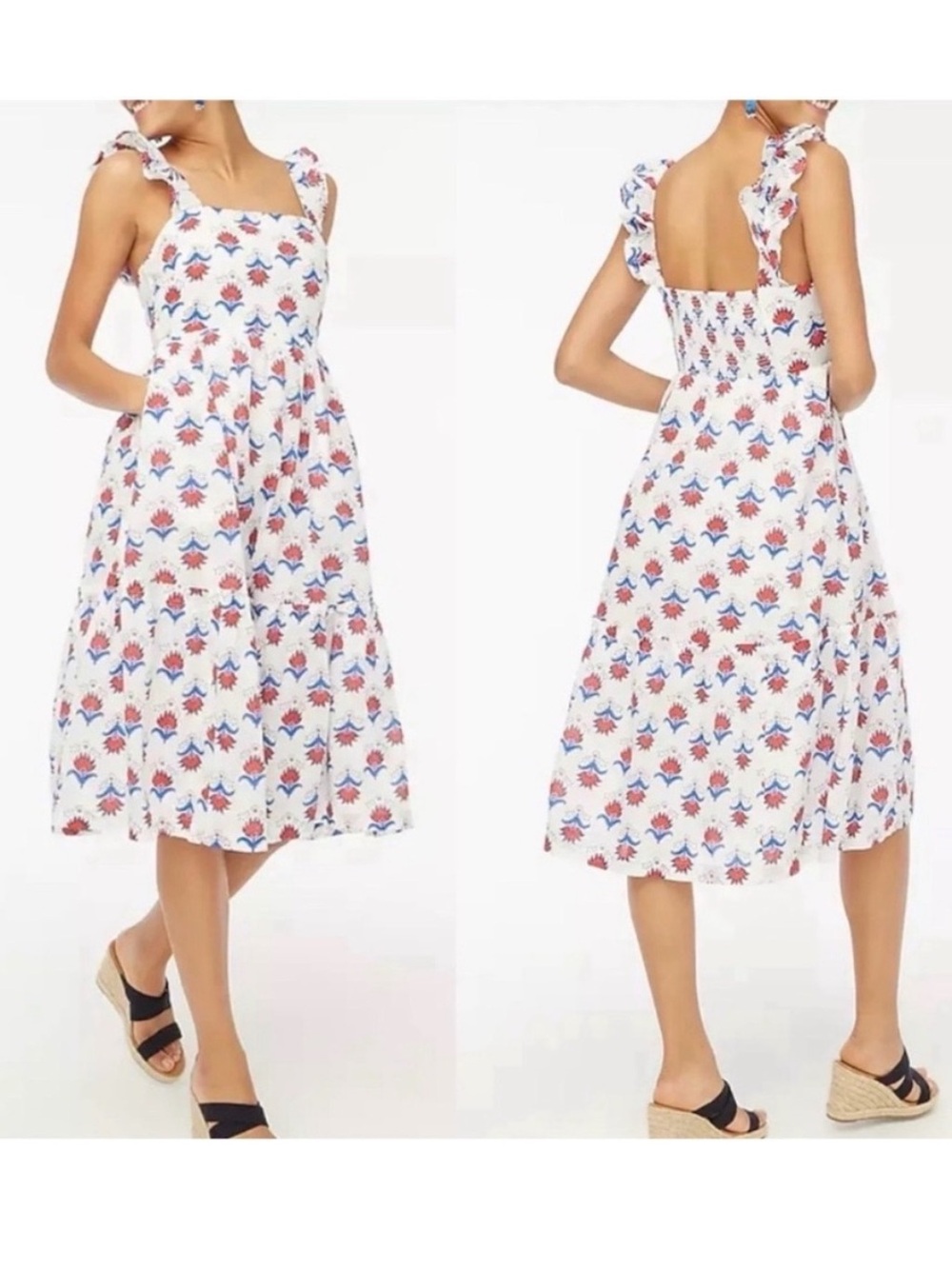 NWT J. Crew White Midi Dress with Red & Blue Floral Print Size 00